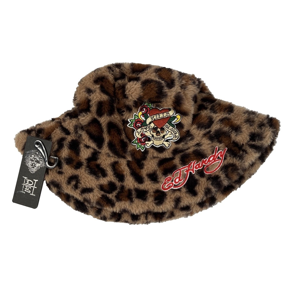 Women's Ed Hardy 'Love Kills Slowly' Tattoo Cheetah Faux Fur Bucket Hat O/S NWT